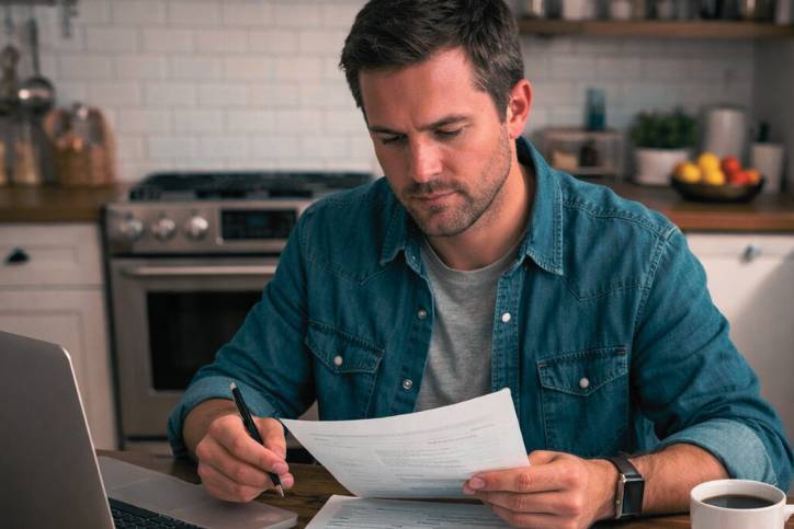 Person reviewing documents at a kitchen table with a laptop open, finance planning and home loan preparation.