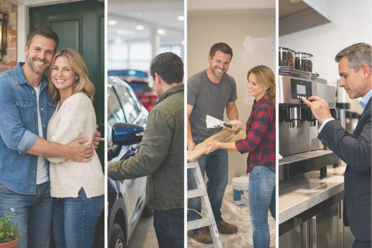 Why use a finance broker. Finance broker helping clients secure different types of loans, illustrated by four scenes showing a couple at home, a car purchase, a home renovation project, and a businessman reviewing a commercial coffee machine.