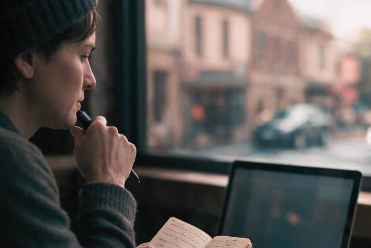 Person sitting in a café by a window reviewing notes in a notebook while looking at a laptop, reflecting on finance options in Hobart, with a quiet street scene visible outside.